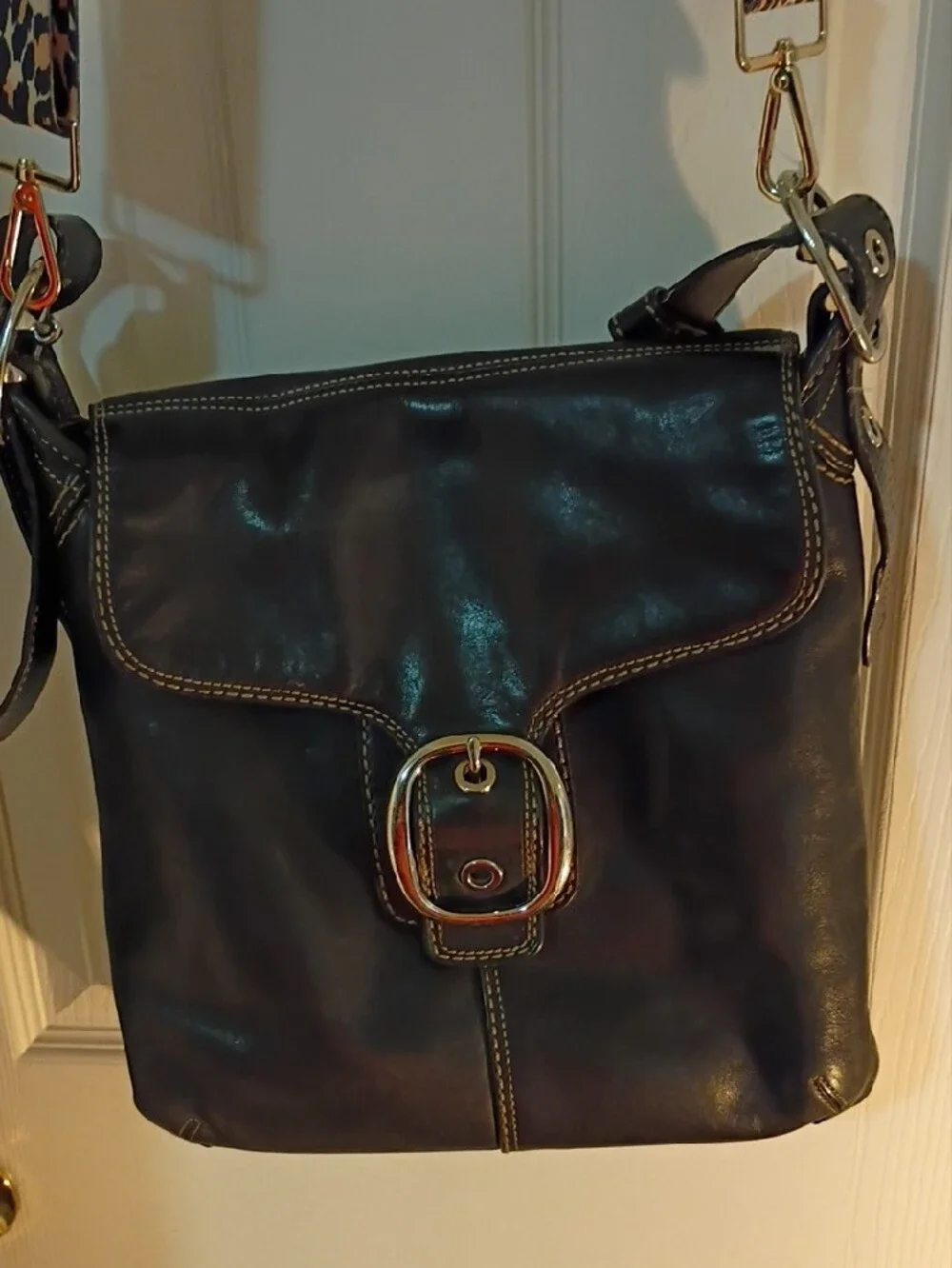Coach Leather Crossbody Bag with Leopard Strap - Black